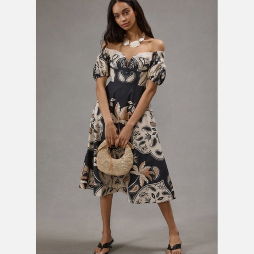 Anthropologie Puff-Sleeve Sweetheart Midi Dress Hawaiian Rockabilly Size 8